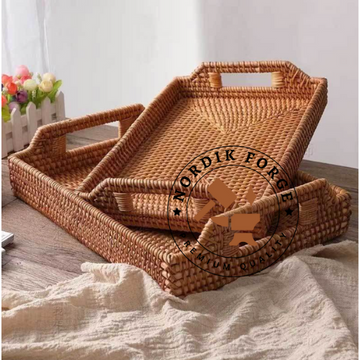 Nordik Forge Round Rattan Serving Tray with Handles – Woven Ottoman Tray for Breakfast, Snacks & Coffee Table Décor