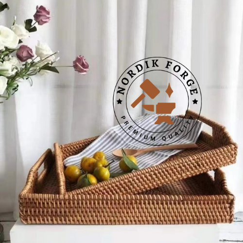 Nordik Forge Round Rattan Serving Tray with Handles – Woven Ottoman Tray for Breakfast, Snacks & Coffee Table Décor