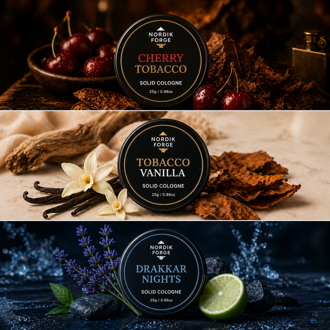 Solid Cologne for Men – 3 Pack Bundle | Nordik Forge (Cherry, Vanilla, Drakkar)