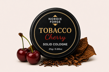 Nordik Forge Cherry Tobacco Solid Cologne for Men in a premium travel-friendly metal tin