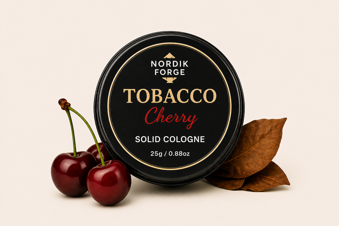 Nordik Forge Cherry Tobacco Solid Cologne for Men in a premium travel-friendly metal tin