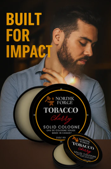 Nordik Forge Cherry Tobacco Solid Cologne for Men in a premium travel-friendly metal tin