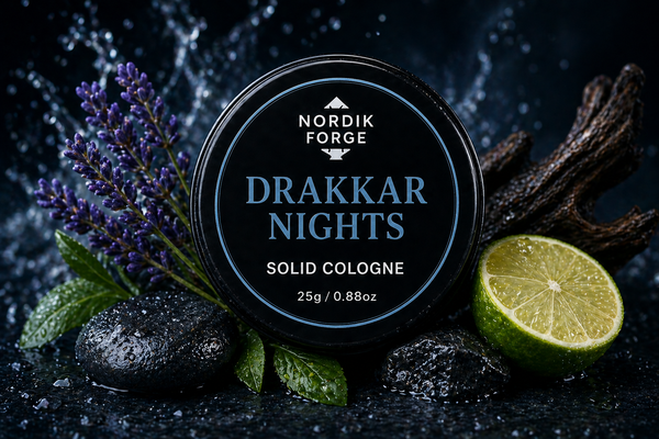 Nordik Forge Drakkar Nights Solid Cologne for Men in a premium travel-friendly metal tin
