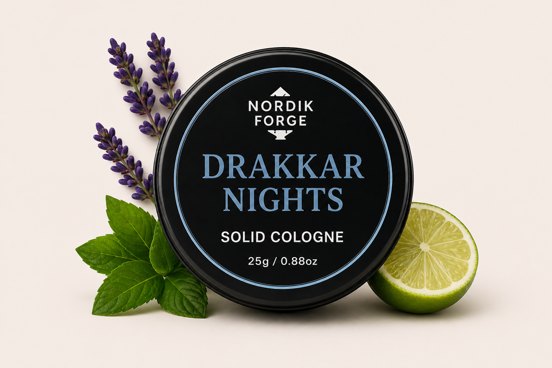 Nordik Forge Drakkar Nights Solid Cologne for Men in a premium travel-friendly metal tin