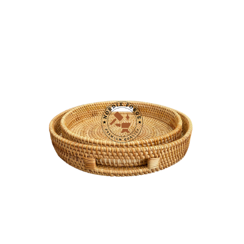 Nordik Forge Round Rattan Woven Serving Tray with Handles – Decorative Ottoman Tray for Breakfast, Snacks & Coffee Table