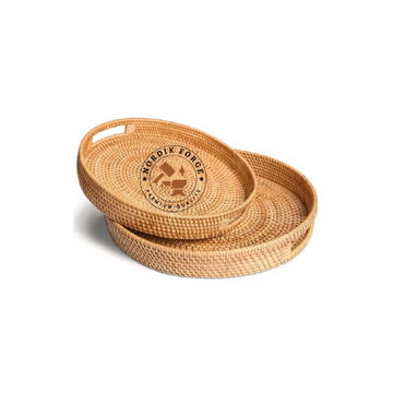 Nordik Forge Round Rattan Woven Serving Tray with Handles – Decorative Ottoman Tray for Breakfast, Snacks & Coffee Table