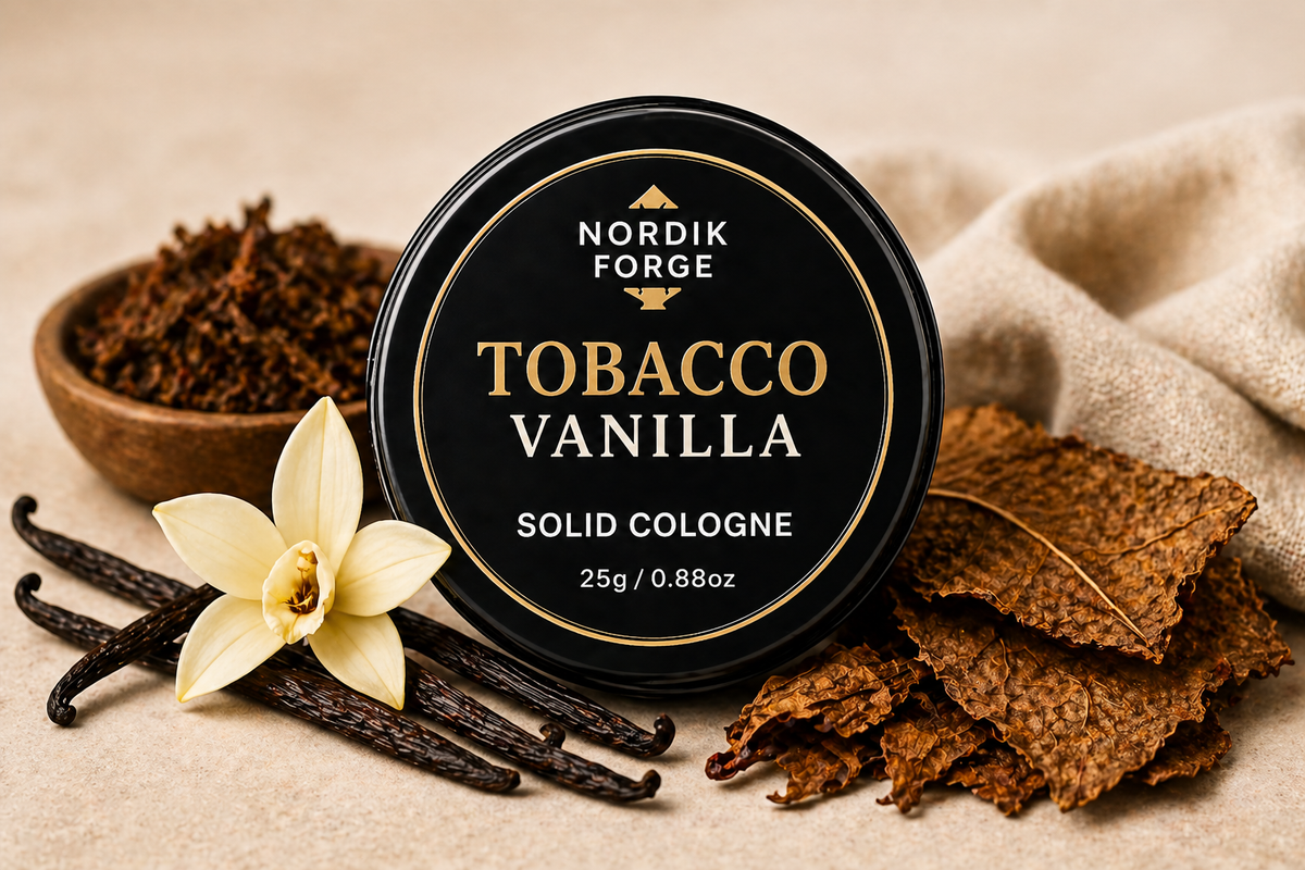 Nordik Forge Tobacco Vanilla Solid Cologne for Men in a premium travel-friendly metal tin