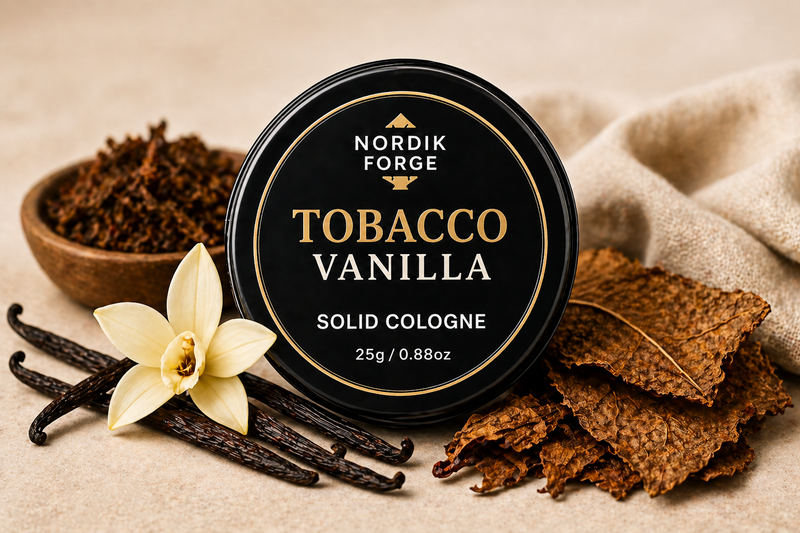 Nordik Forge Tobacco Vanilla Solid Cologne for Men in a premium travel-friendly metal tin